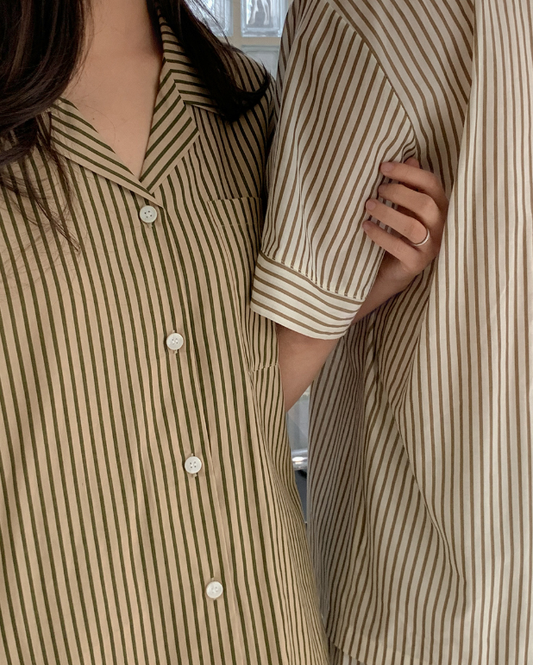 (4色) Juuneedu-(2pcs) 條紋短袖睡衣套裝