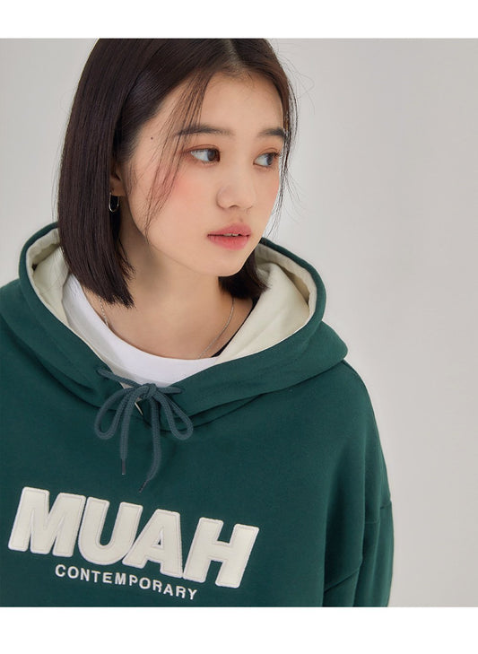 (3色) muahmuah - 拼色logo寬鬆連帽T恤
