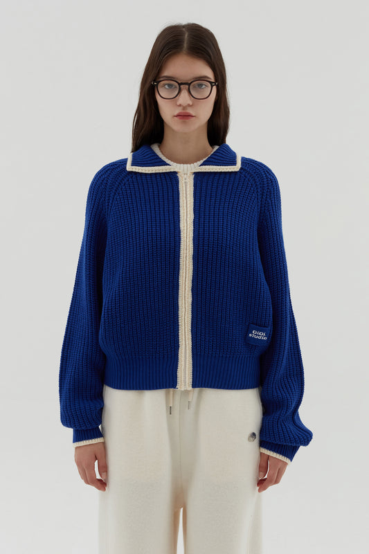 (藍色) Oioi  - 拼色針織拉鍊外套